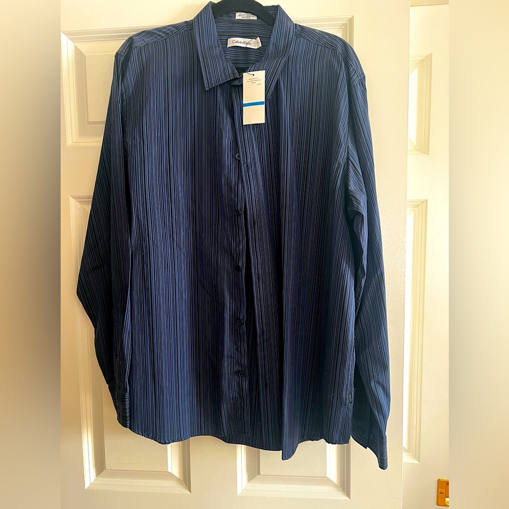 NWT CALVIN KLEIN Casual Button down Long Sleeve Dark Navy Striped XL 100% cotton